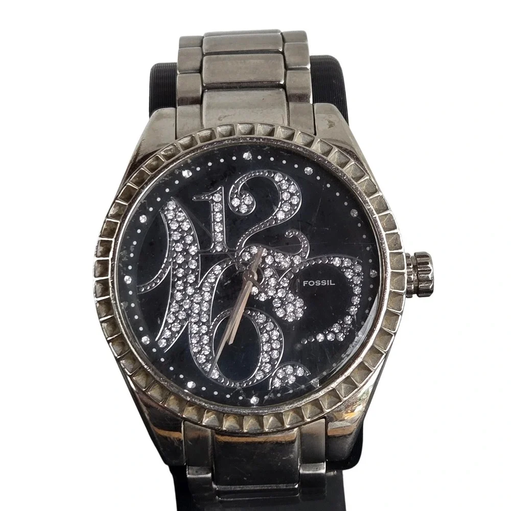 Fossil Womens Watch ES1948 Silver Tone Black Rhinestone Dial Link Band 6.5 in